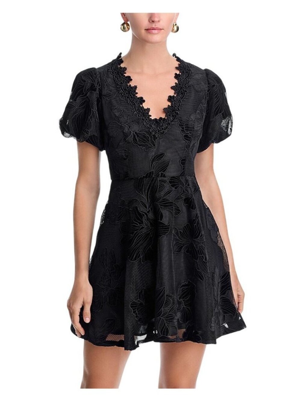 NWT Aqua Womens Lace Puff Sleeve Mini Dress IDM12303 Black M